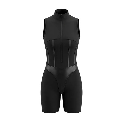 رامپر ورزشی زنانه حلقه ای جلو زیپ دار نیم پا مشکی فری سایز برند ام بی MB