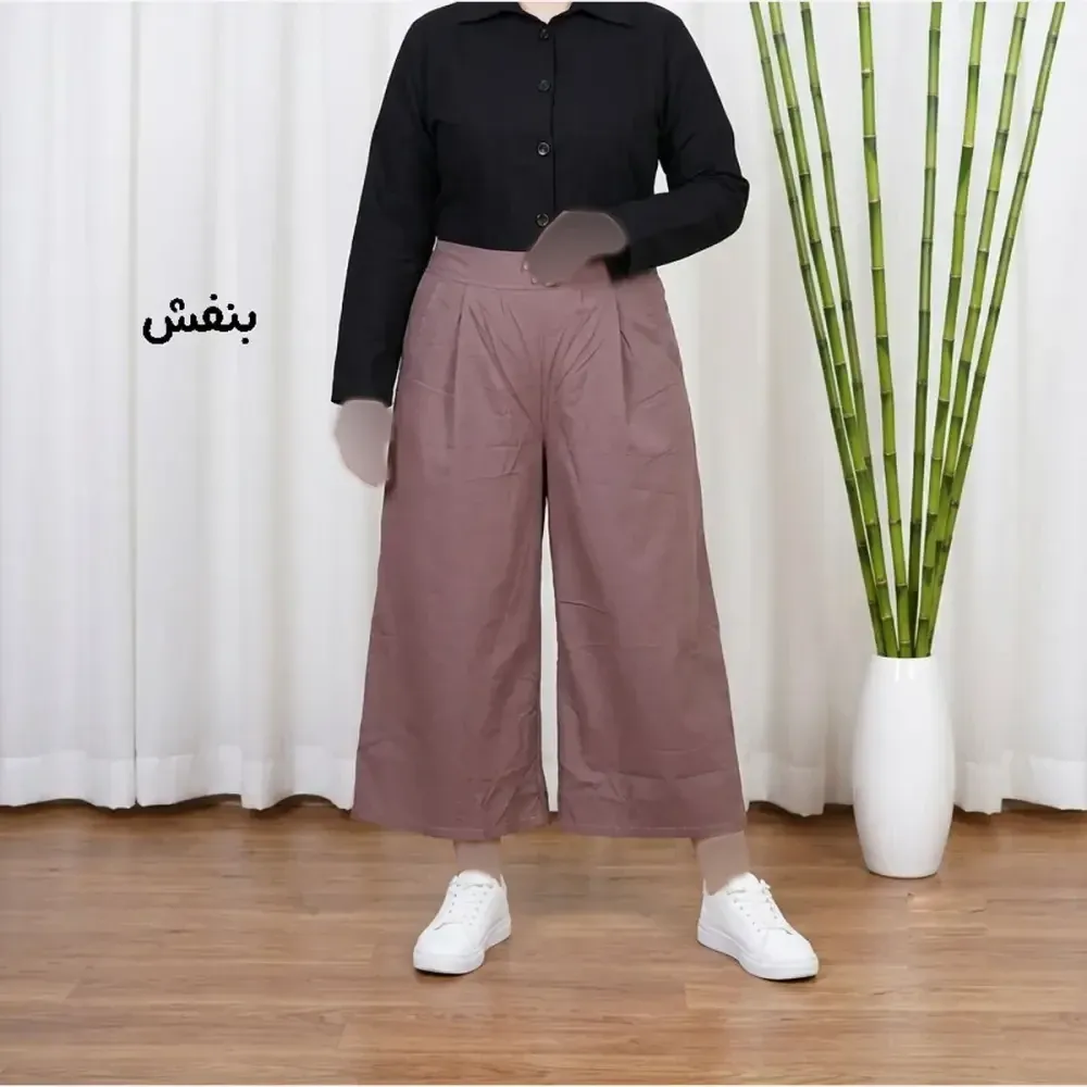 شلوار واید لنین نچرال فری سایز تا 50 تنخور شیک و راحت چهارفصل زنانه مناسب باردار و سایز درشت