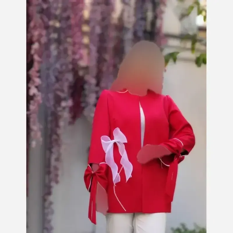 کت پاپیون کرپ مازراتی زنانه رنگ مشکی سرخابی کاربنی