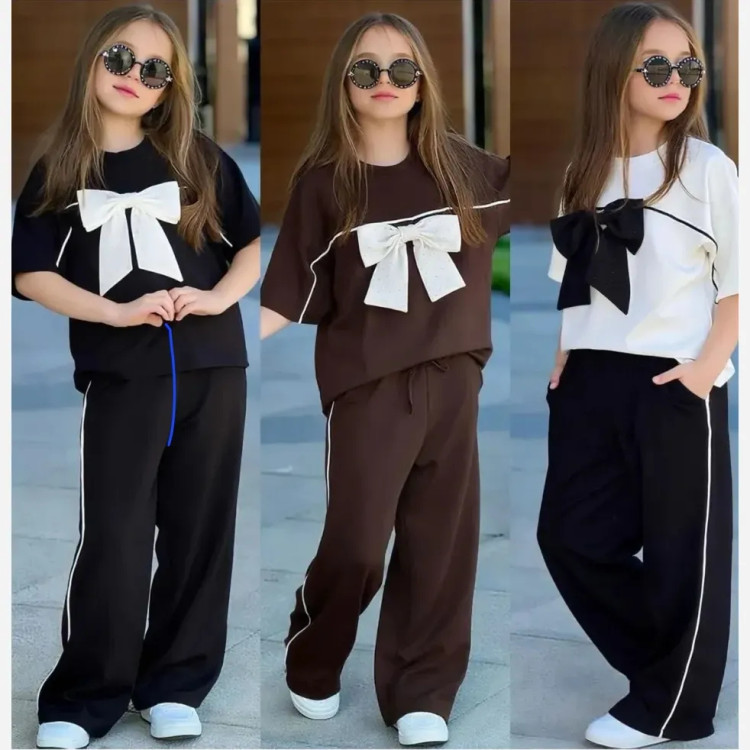 ست تیشرت و شلوار دخترانه مدل پاپیون جنس پنبه 100% سایز 1 تا 70 سه رنگ سفید مشکی قهوه ای